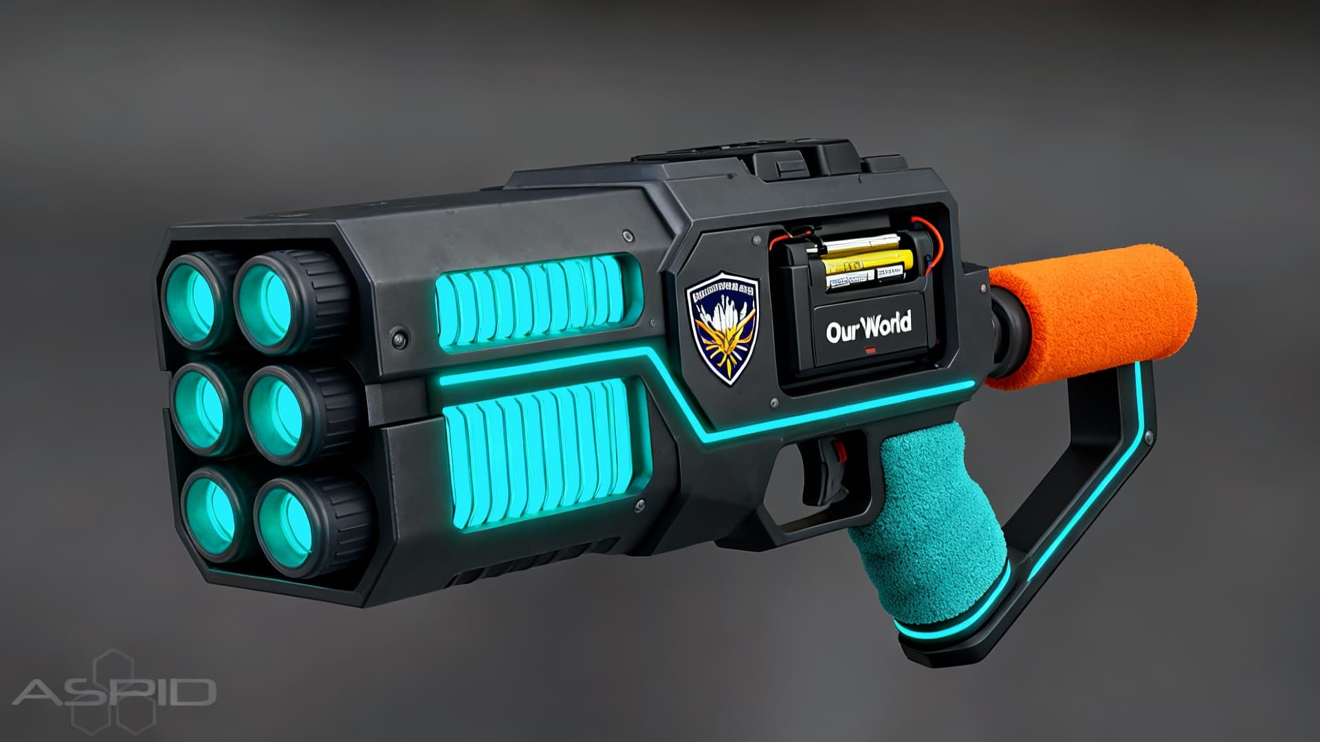 AI generated: compact rapid-fire unit with triple stacked barrels in a bulky front module, glowing teal cooling ve...