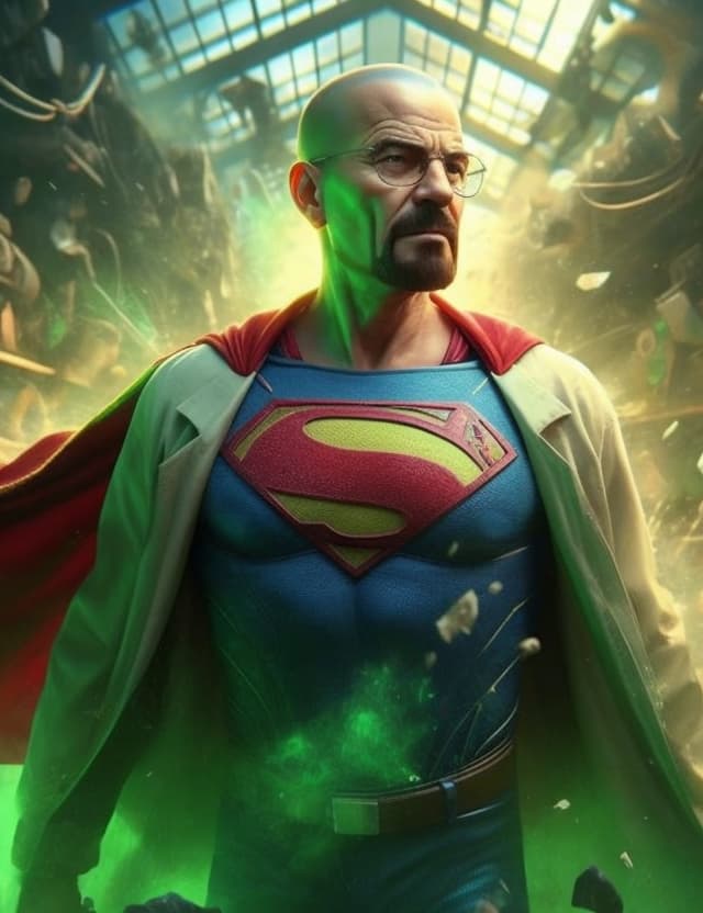 AI generated: highly detailed portrait of walter white as superman, in the justice league, 3 dimensional, breaking...