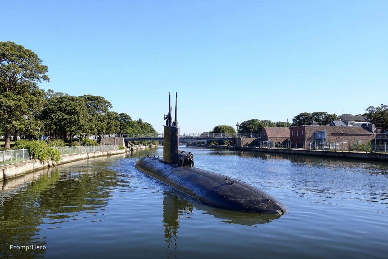 AI generated: half submerged submarine crossing a canal,trees, warehouse, bridge. simple stylized victor illustrat...