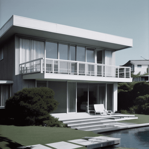 AI generated: Hyper realistic eye level exterior photo of a mid century modern style house overlooking the ocean, ...