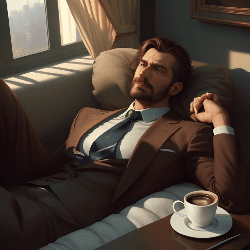 AI generated: a giant cup of coffee, a man lying on a mattress floating in a coffee cup, business suit, lifelike, ...