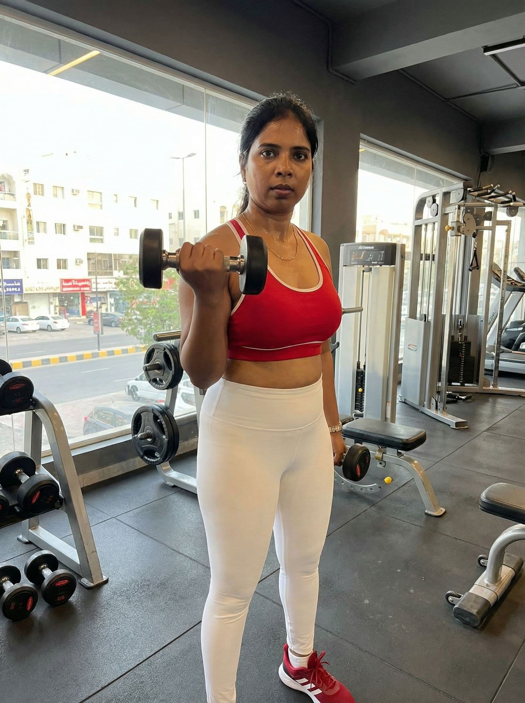 AI generated: Working out in a gym wearing red and white.