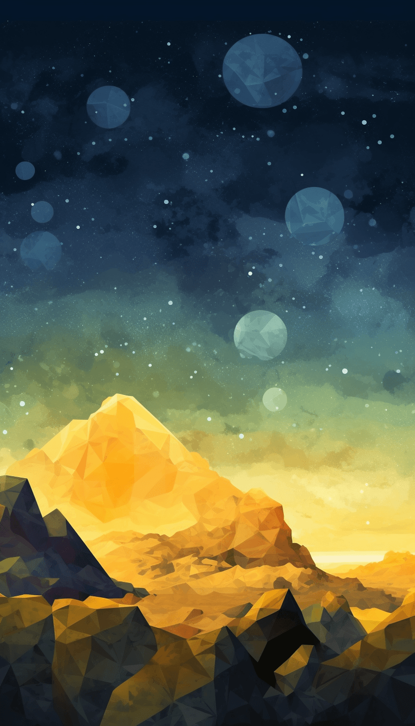 AI generated: Illustration of stone, Birds-eye view, Night sky background, Low-poly modeling, Oil pastel, Mustard ...