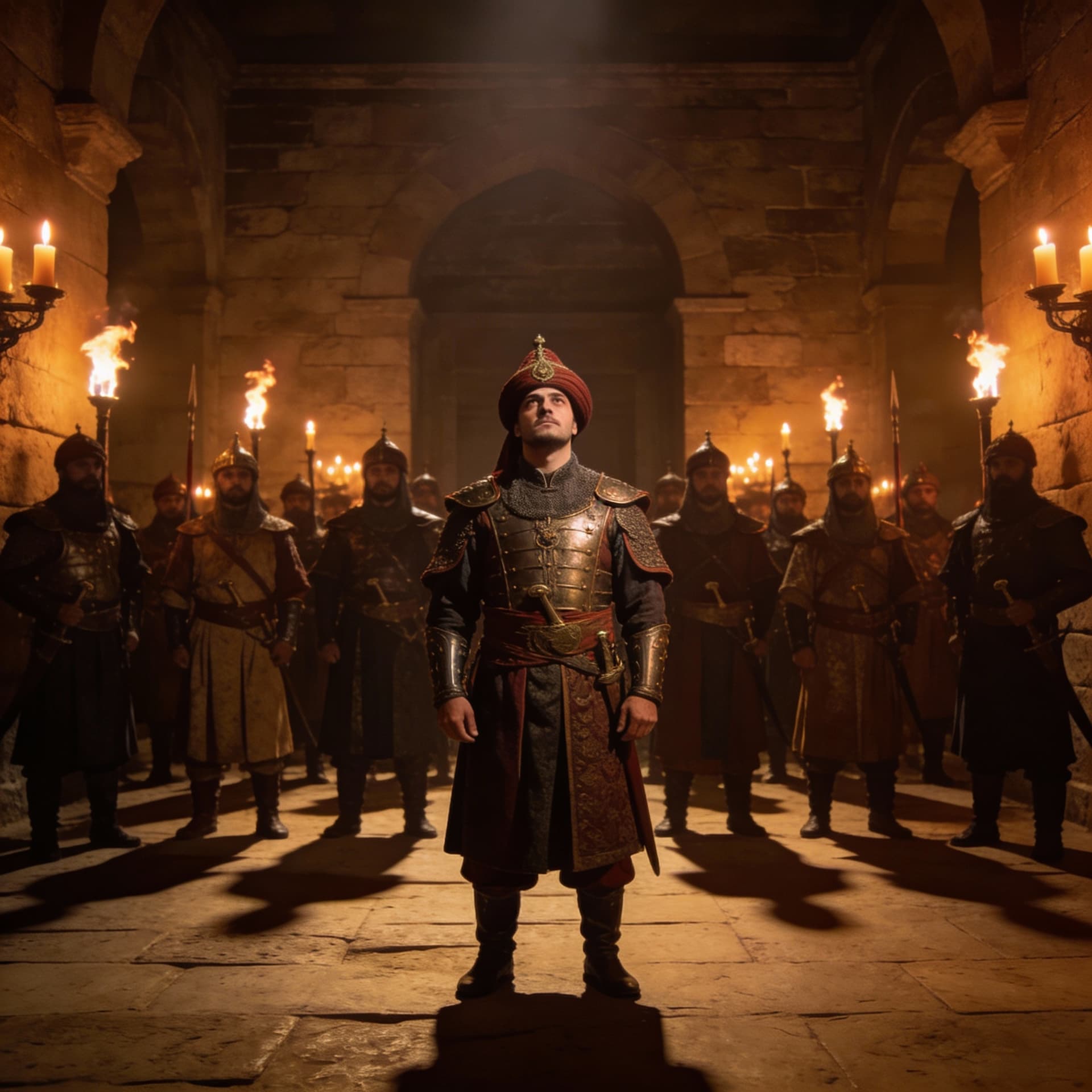 AI generated: Full-body Ottoman Janissary oath moment, illustrated in hyper-realistic historical style. The soldie...