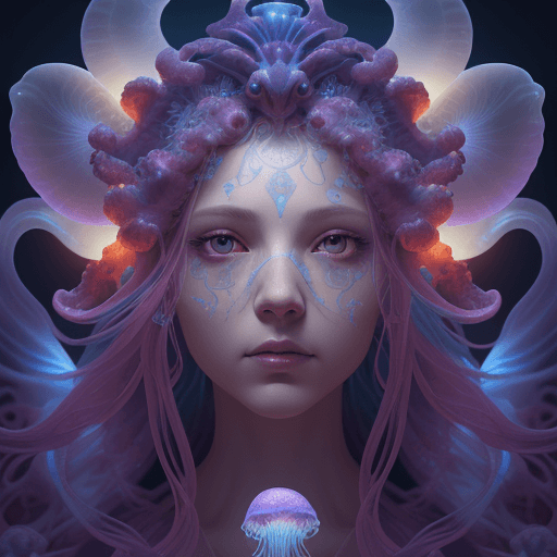 AI generated: Goddess close-up portrait ribcagel. jellyfish phoenix head, nautilus, orchid, skull, betta fish, bio...