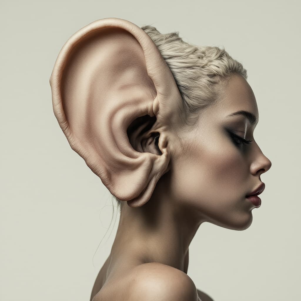 AI generated: A photo model with a very large ear growing out of her back.