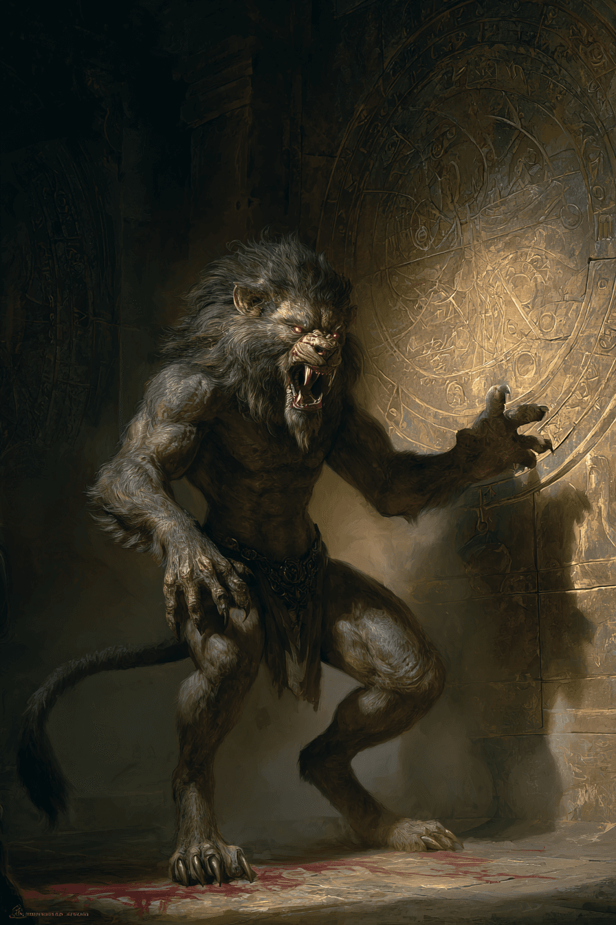 AI generated: a monstrous humanoid beast with a lion-like head, glowing eyes, huge fangs, and a muscular body cove...