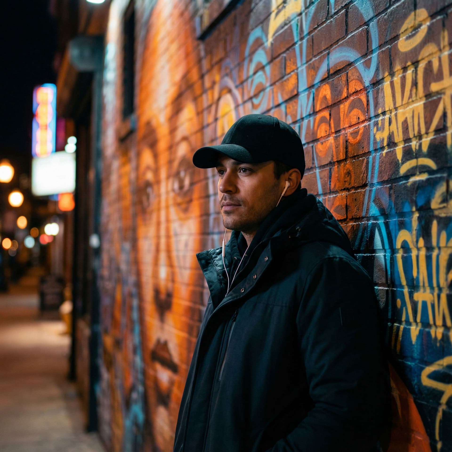 AI generated: Cinematic portrait of a confident man wearing a black baseball cap and a stylish urban jacket, with ...