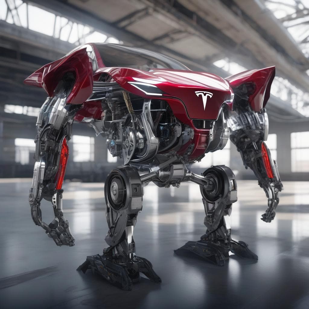AI generated: A Tesla car hybrid Transformers, glass, pistons and gears made of glossy aluminium and steel, detail...