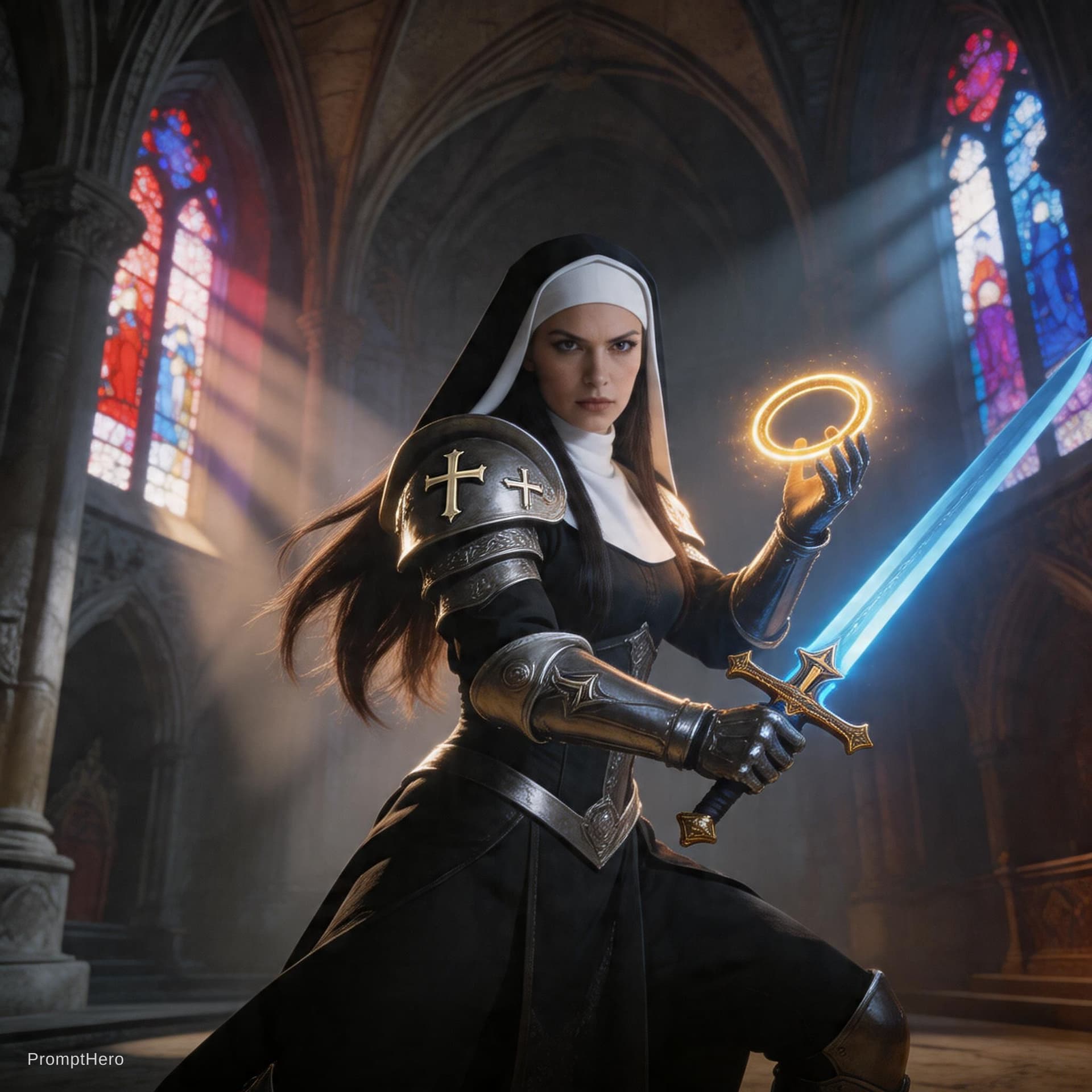 AI generated: A powerful warrior nun from the sacred Order of Adriel, Fighting position, empowered by the divine g...