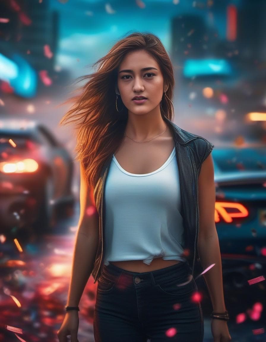 AI generated: bright sunny day beautiful cloudy sky sunset sports car racing down cyberpunk Miami city streets neo...