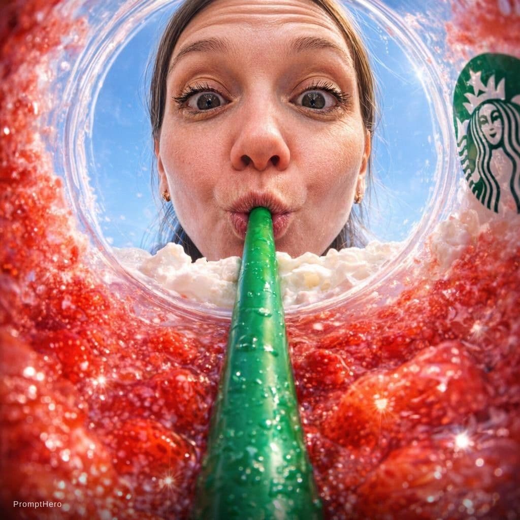 AI generated: {
"prompt": "View from inside a Starbucks strawberry frappuccino cup, looking up from the bottom, fi...