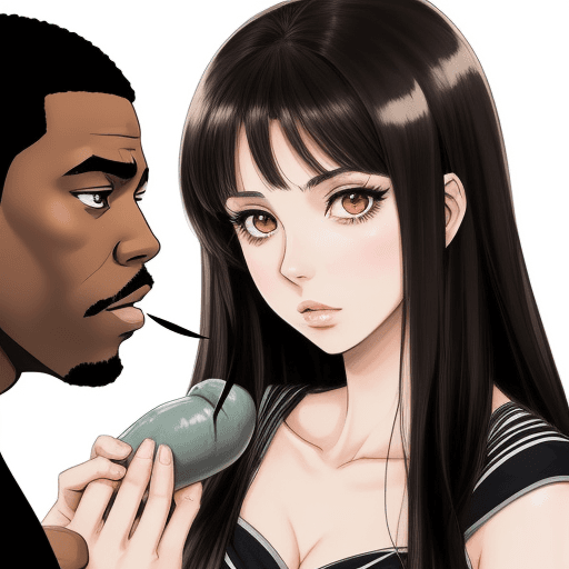 AI generated: a manga drawing of a brunette woman who sucks a black man's penis