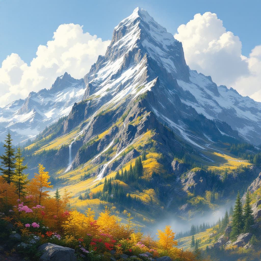 AI generated: Illustrate a towering mountain where the base is lush with spring flowers, the midsection is vibrant...