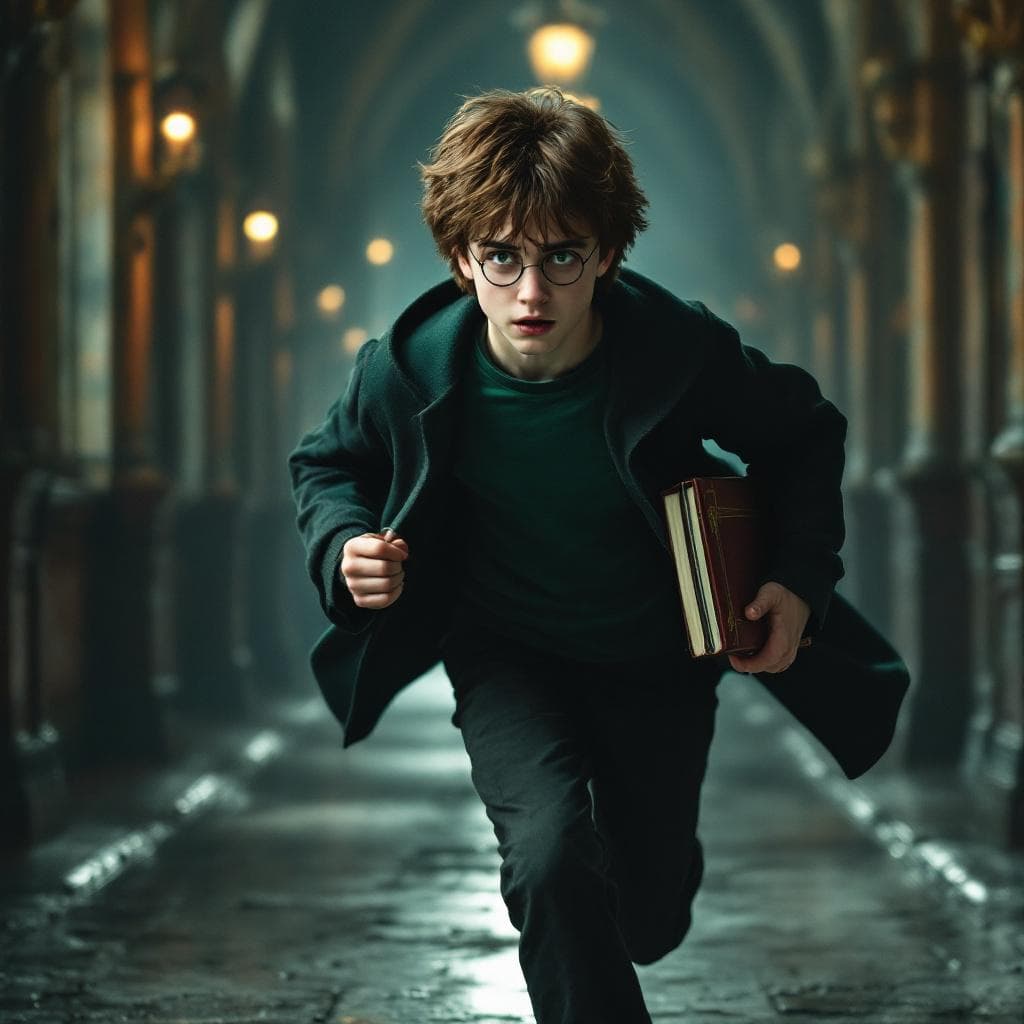 AI generated: slytherin boy with a hauntingly sad expressive and a book in his hand, brown hair, 12 years old,  ru...