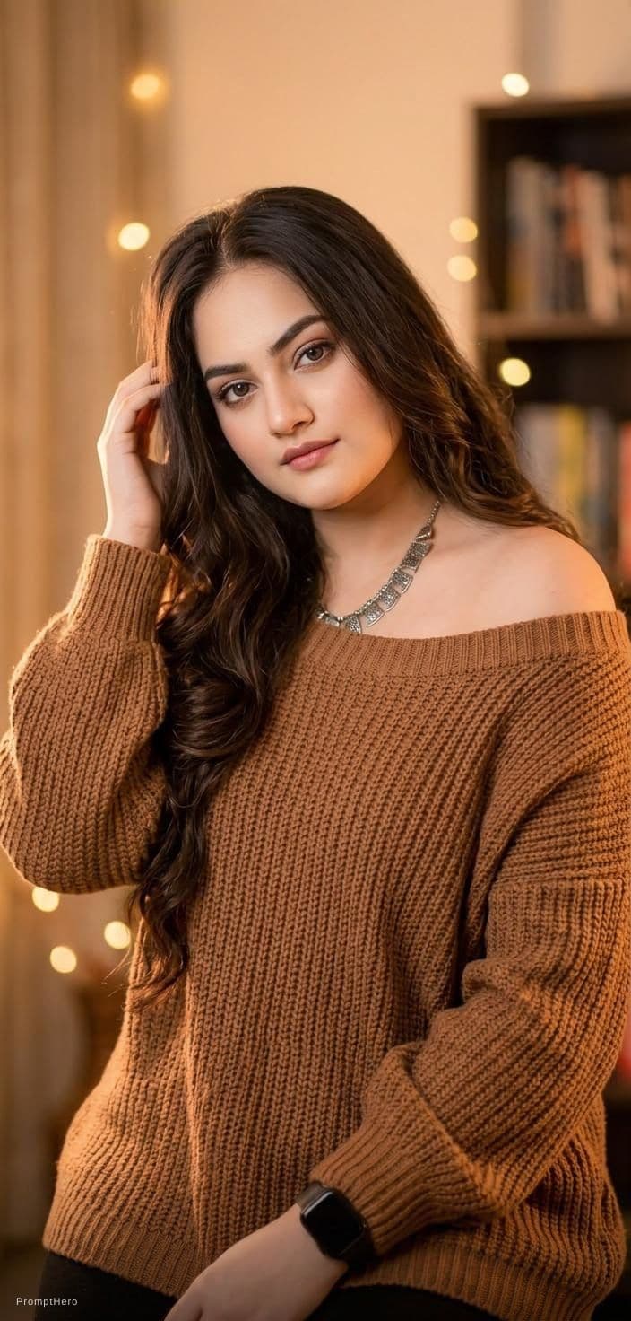 AI generated: A woman with wavy dark brown hair, wearing an off-shoulder oversized brown knit sweater. She gazes s...