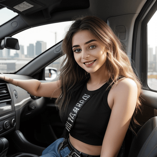 AI generated: Aan image of a young woman. Tiktok influencer, sitting in the driver's seat of a car, with a seatbel...