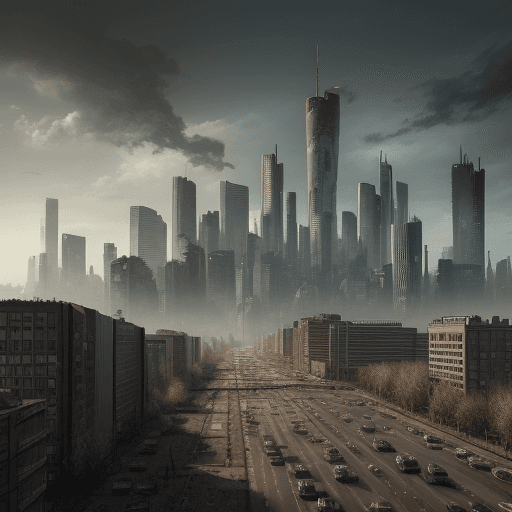 AI generated: Realistic image of Ruined post-apocalyptic Frankfurt city Skyline. Many traffic in the front.