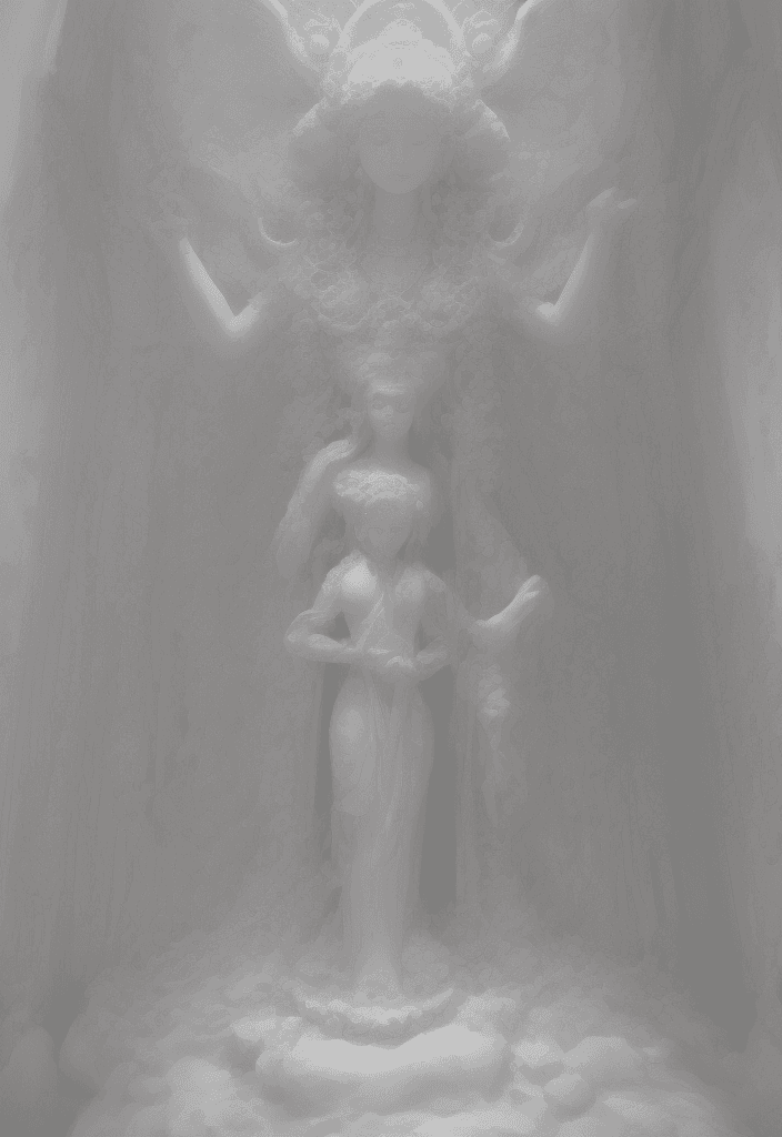 AI generated: white deity statue, the actors are dressed in white suits and are dancing with a lotus, angel, in th...