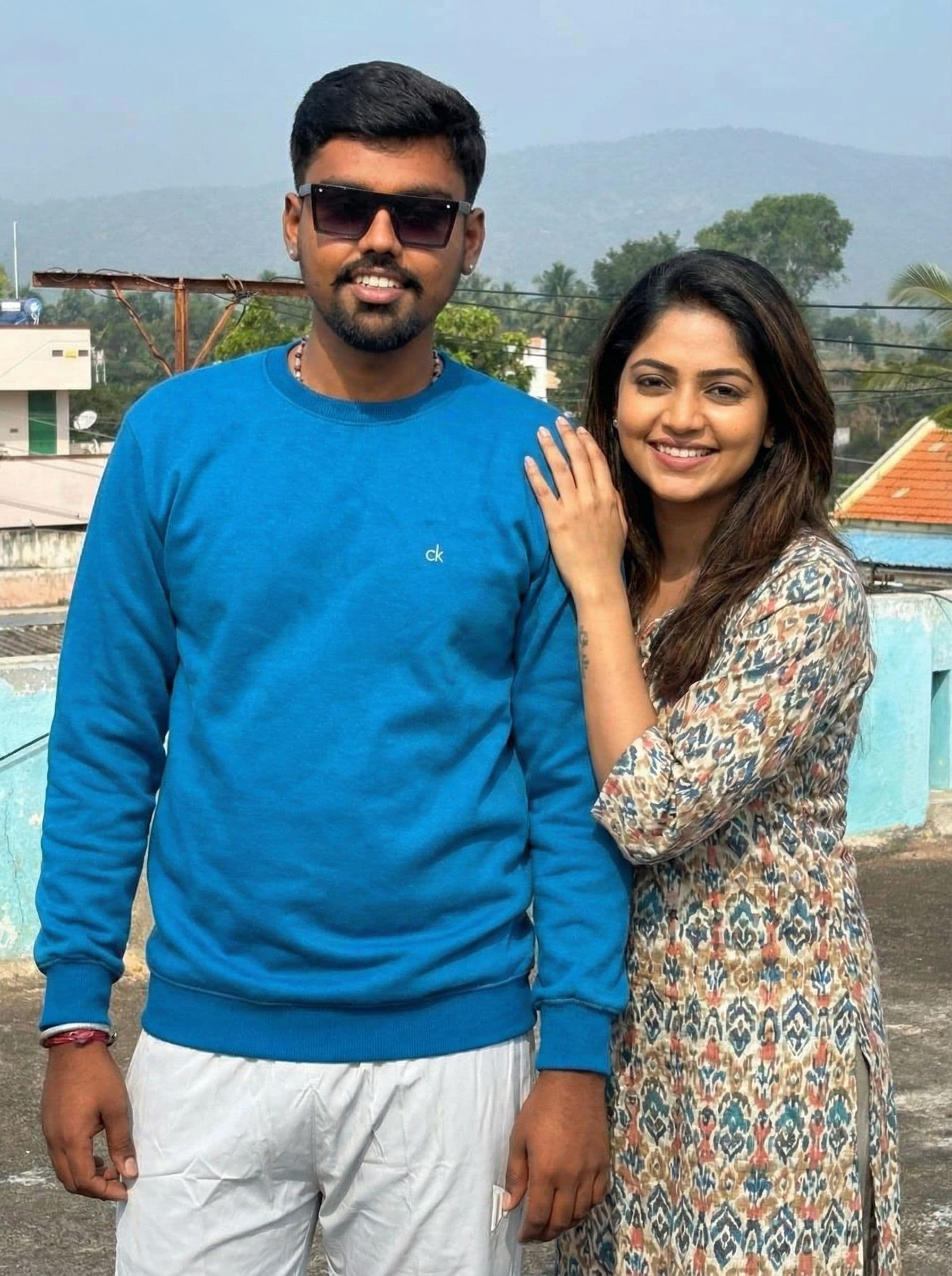 AI generated: add rachitha Ram standing next to me and putting hand on my shoulder and posing to camera 