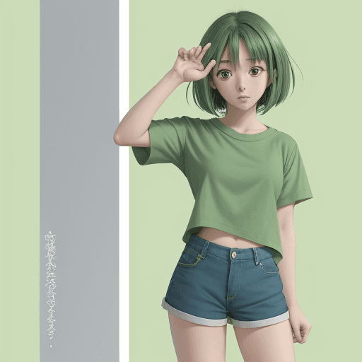 AI generated: anime girl in green shirt and blue shorts posing for picture, by Kose Kanaoka, anime visual of a cut...