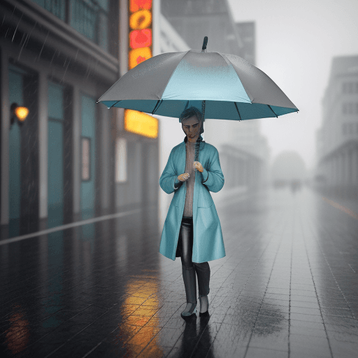 AI generated: Gray kitten in a turquoise raincoat holding an umbrella in the rain. The text "MONU" on the umbrella...