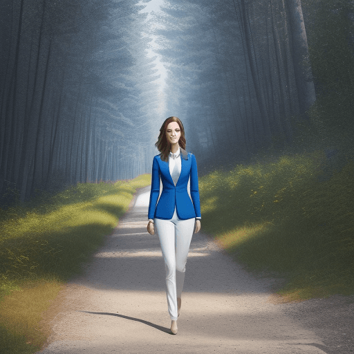 AI generated: Create an image of a woman in a blue suit and white pants walking down the Parallel Trail in the eve...
