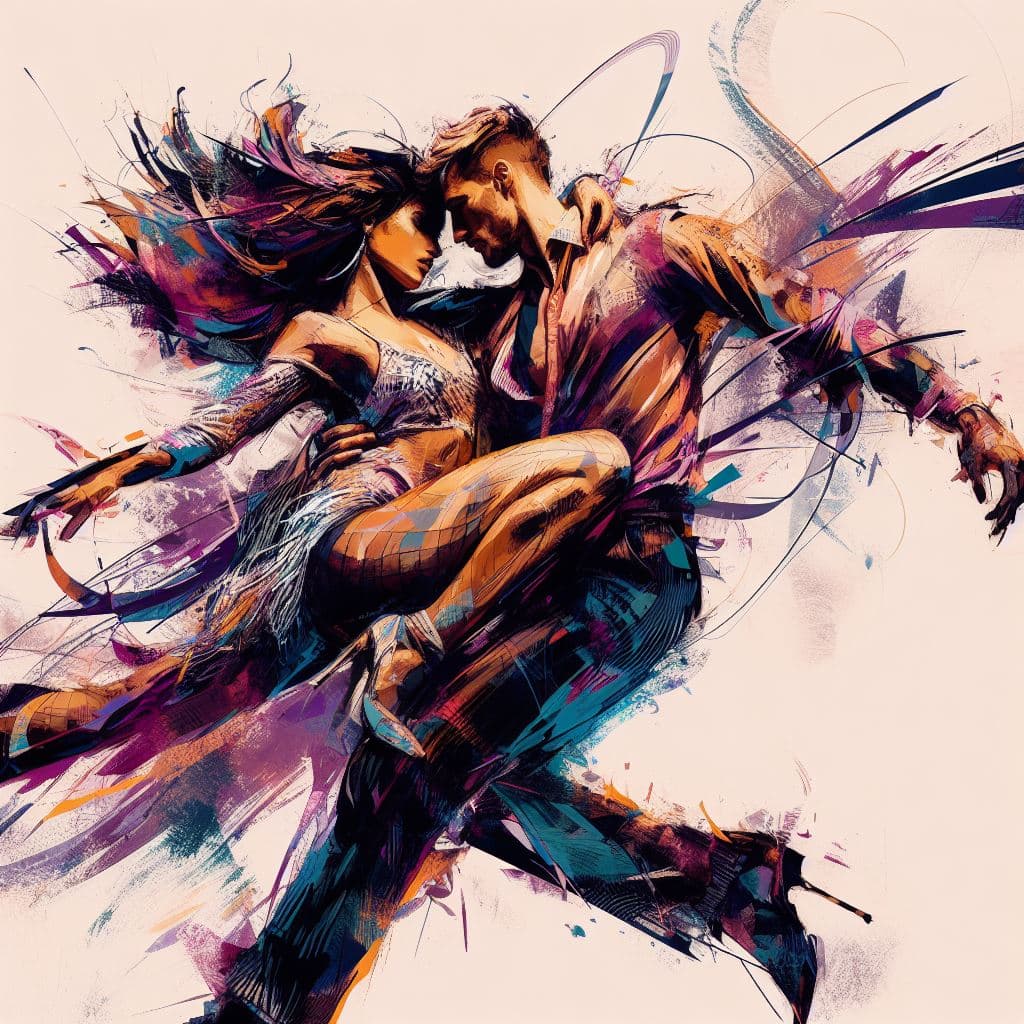 AI generated: aesthetic, painterly style, modern ink, bachata couple dancers, very tight clothes, sensual, eye con...