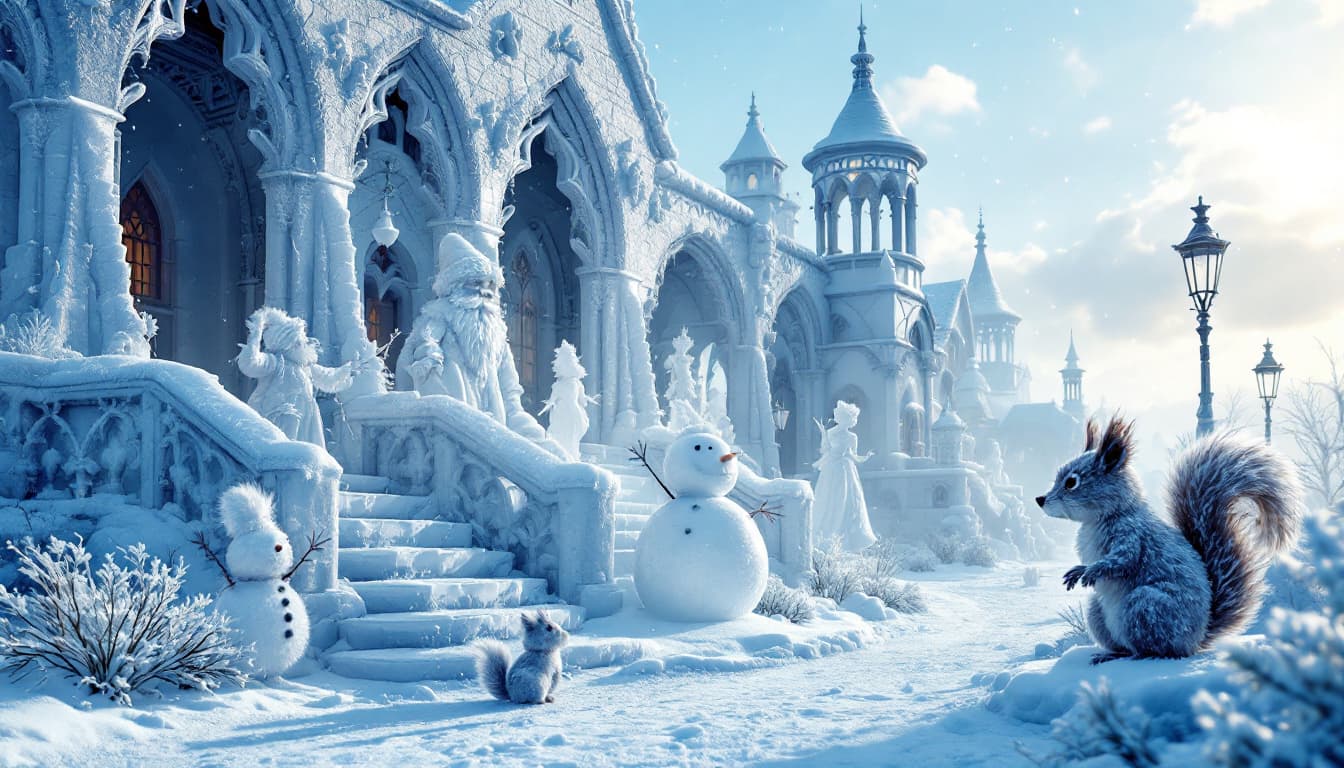 AI generated: 3D render of photorealistic image of Victorian era ice town gothic style, ice fairy sculptures of Sa...