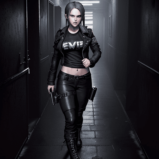 AI generated: Resident Evil 9 

Girl:
the girl is hot 
she has blue eyes, long purple hair, her clothes are a blac...