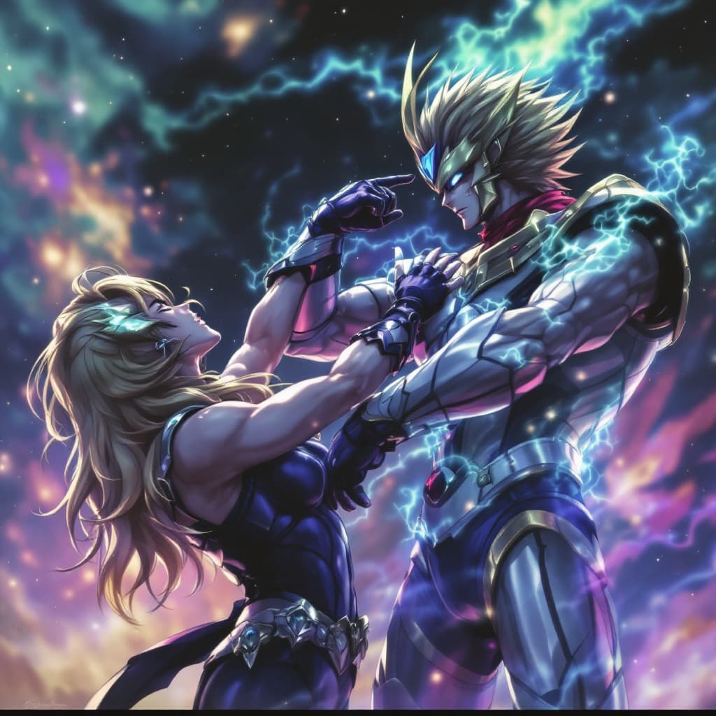 AI generated: Crie uma imagem do shun de andromeda e da june de camaleão de saint seiya se beijando!