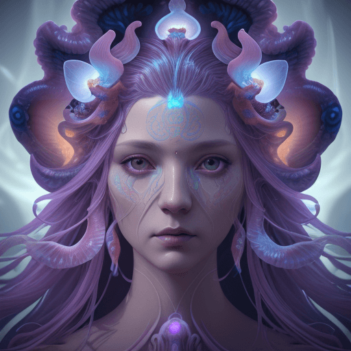 AI generated: Goddess close-up portrait ribcagel. jellyfish phoenix head, nautilus, orchid, skull, betta fish, bio...