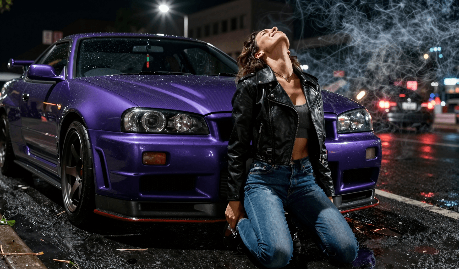 AI generated: An automotive editorial featuring a woman in tight denim jeans and a cropped leather jacket, Kneelin...