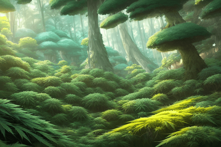 AI generated: luxurious forest of cannabis landscape, studio ghibli, fantasy, elegant, highly detailed, digital pa...