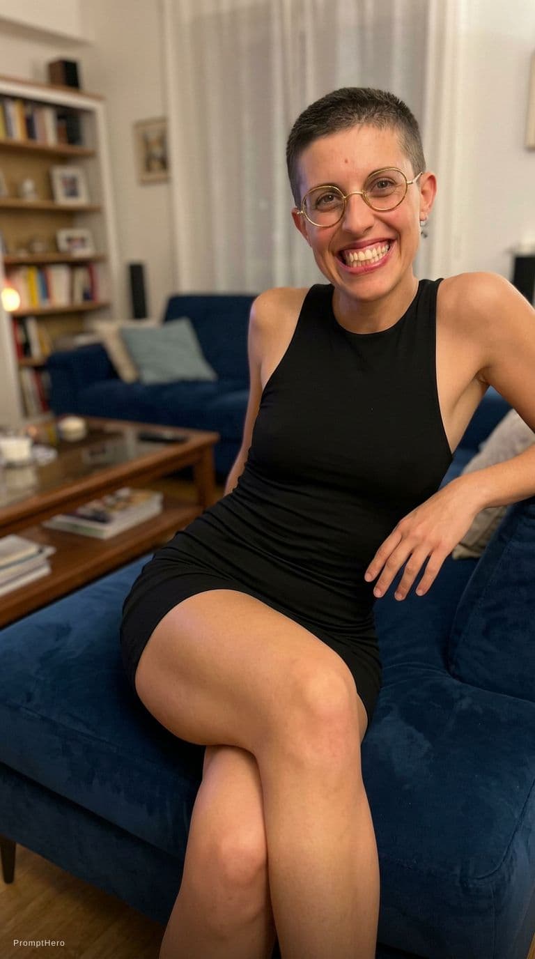 AI generated: wearing a mini bodycon dress at home, seductive sitting on a couch, keep original makeup and feature...