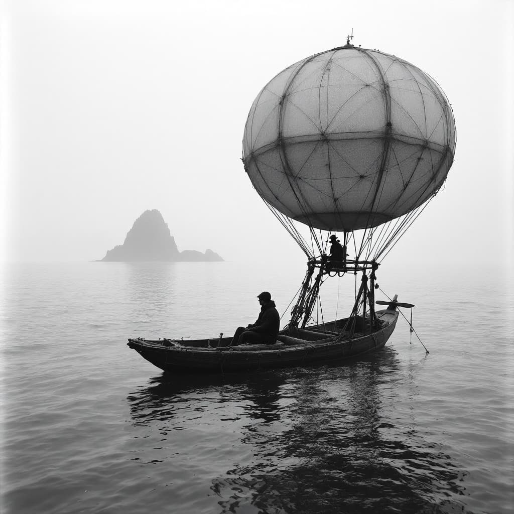 AI generated: A traveler sits on a balloon. The balloon has propellers and is covered with a fishing net. The ball...