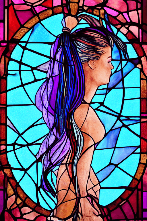 AI generated: (stained glass dress:1.5), blacklight, (beautiful young brunette woman, with white hair in a braided...