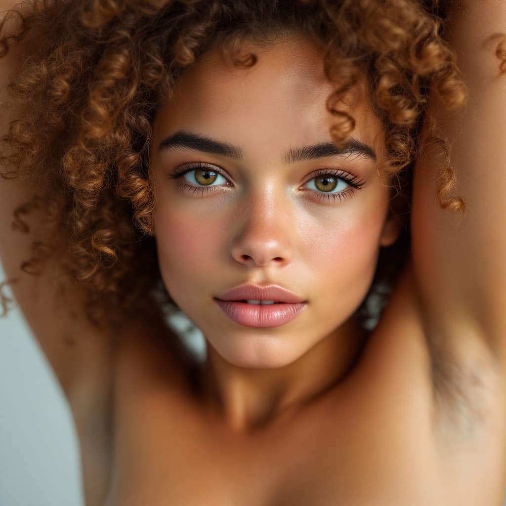AI generated: 18 years curly girl shaved armpits close up, both arms up, detailed armpits tanned skin,focal point ...
