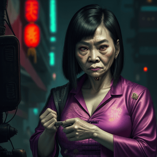 AI generated: Horror Thai mother-in-law's vicious face, Chinese clothing, fat night, ((cyberpunk style)), Hi-Tech ...