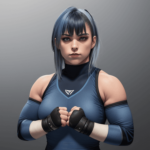 AI generated: Female Wrestler, Dark Blue Attire, White Elbow Pads, Dark Blue Hair With Grey Blue Highlights