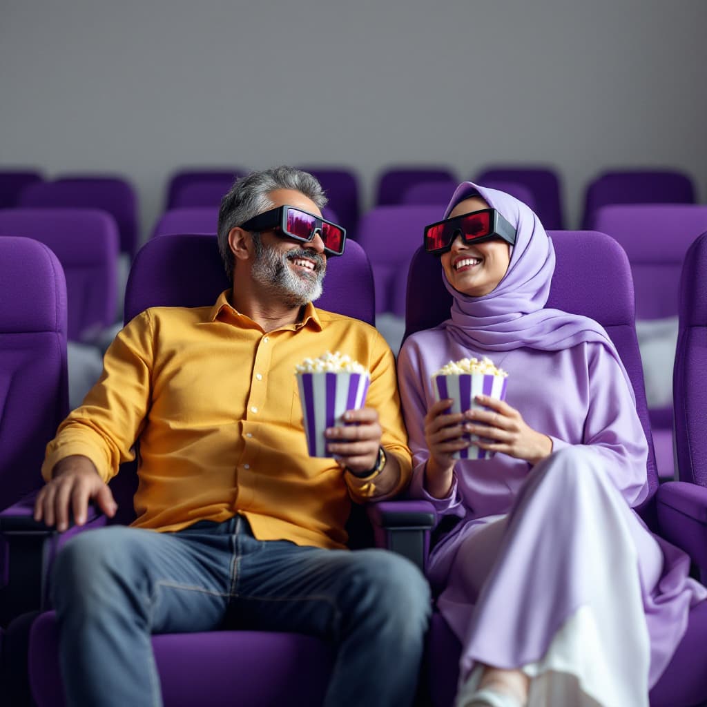 AI generated: super realistic photo of A Bahraini couple wearing black 3d cinema glasses, smiling, seating on a pu...