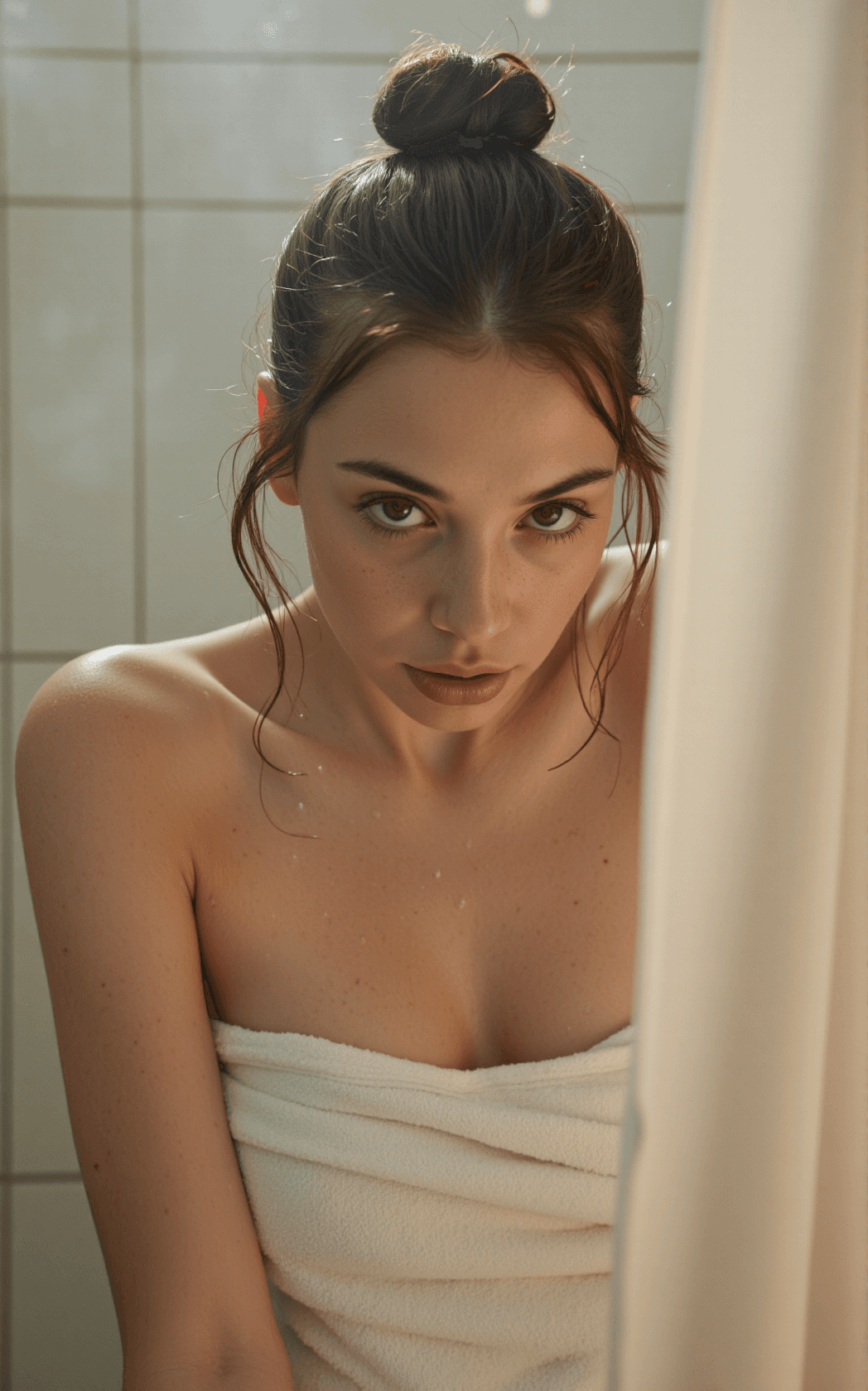 AI generated: A candid macro shot faces the camera as a girl leans toward a fogged bathroom mirror. Damp chestnut ...