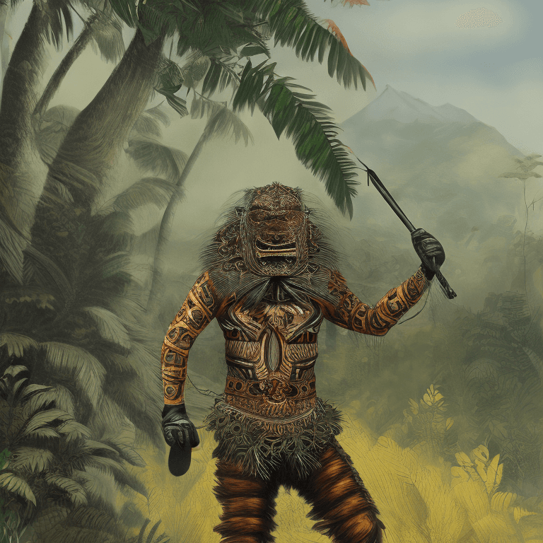 AI generated: jaguar warrior with a wooden mask of yellow, black and a hint of red, in a combat suit made of abund...