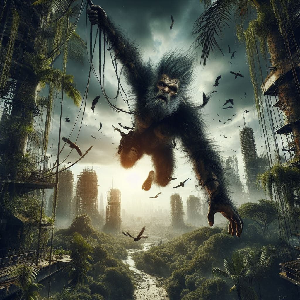 AI generated: A degenerate hairy man of the far future, swinging like an ape through the dense canopy of a postapo...