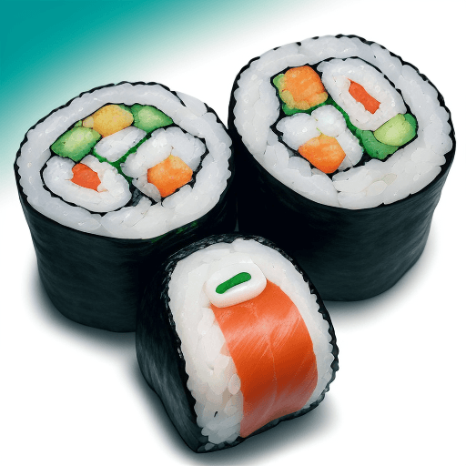 AI generated: Rolls and Sushi floating in the air against a FFCC00 colored background in a minimalistic, high reso...