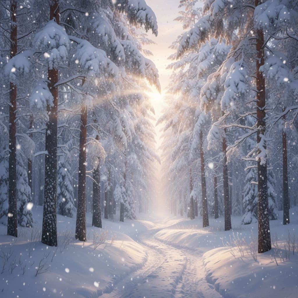 AI generated: "Cinematic snowy pine forest at dawn, soft glowing snowfall, 3D ultra-real texture, volumetric light...