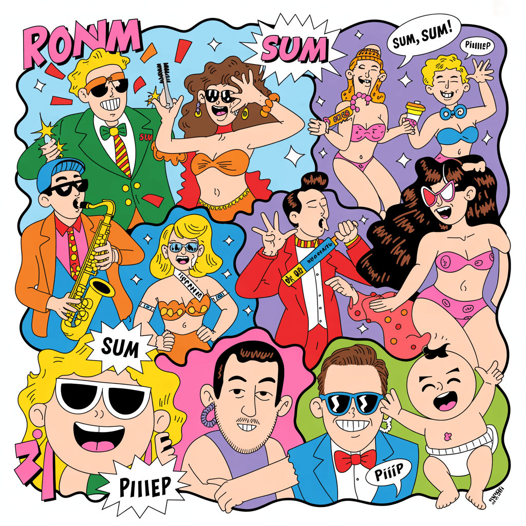 AI generated: Colorful comic book cover style, exaggerated cartoon characters with funny expressions, scenes from ...