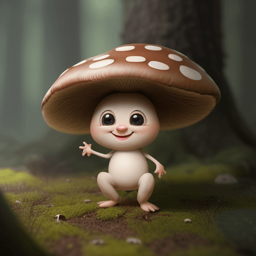 AI generated: cute little guy like mushroom in forest, happy and smiling, big cute eyes, ambient light cinematic l...