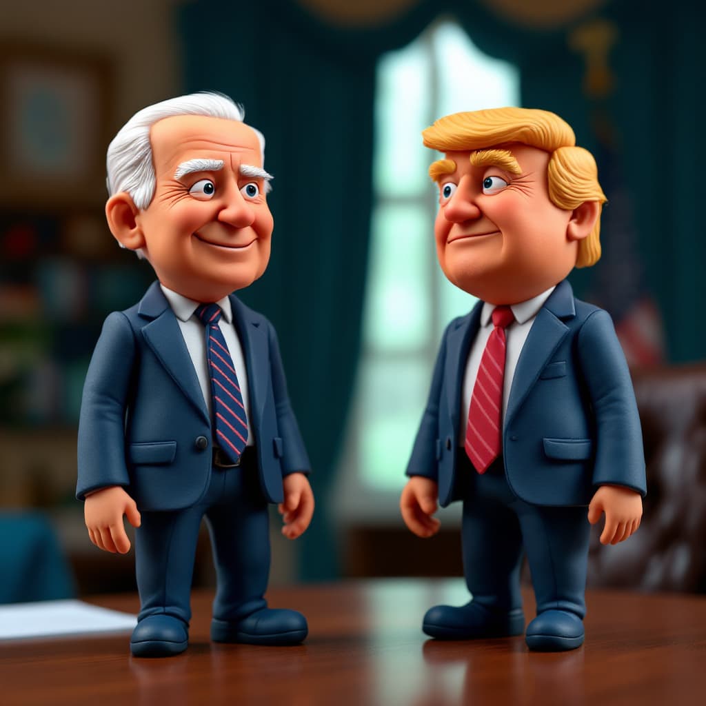 AI generated: Two plasticine figures of Joe Biden and Donald Trump, molded from bright, multicolored clay. Standin...