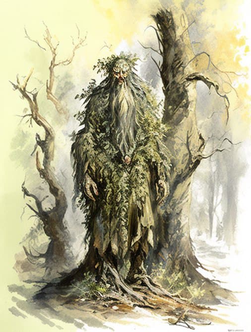 AI generated: full length watercolour painting, sketch, kind elder willow stump monster with foliage in the forest...